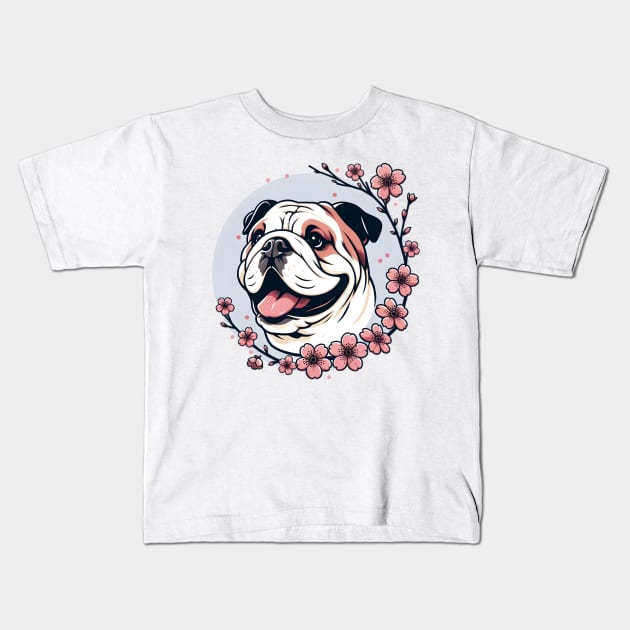 English Bulldog Revels in Spring's Cherry Blossoms Kids T-Shirt by ArtRUs